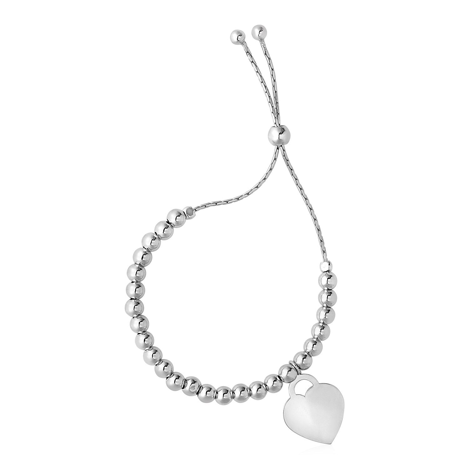 Adjustable Shiny Bead Bracelet with Heart Charm in Sterling Silver (1.30 mm) in a sleek high-contrast midnight luxury editori